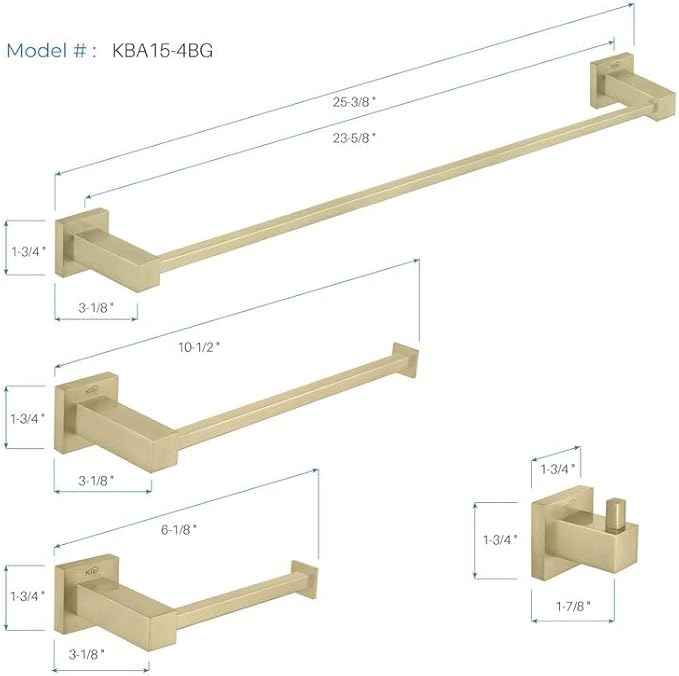 KIBI 5-Piece Cube Bathroom Hardware Set | Includes 24-Inch Towel Bar, Towel Ring, Toilet Paper Holder, and Robe Hooks | Wall-Mounted Solid Brass Accessories | Brushed Gold Finish, C-KBA15-5