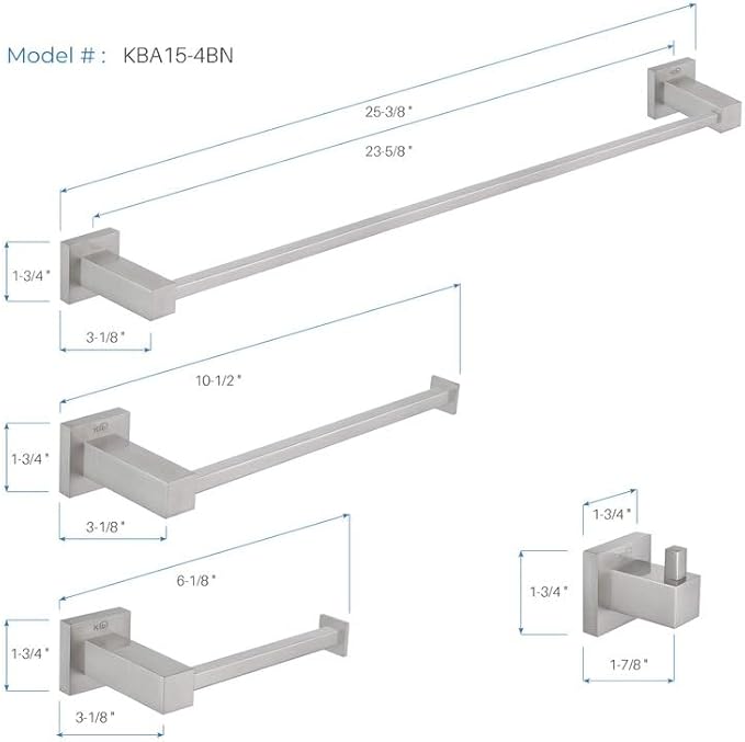 KIBI Cube 5-Piece Bathroom Hardware Set | Includes 24-Inch Towel Bar, Towel Ring, Toilet Paper Holder, and Robe Hooks | Wall-Mounted Solid Brass Accessories | Brushed Nickel, C-KBA15-5