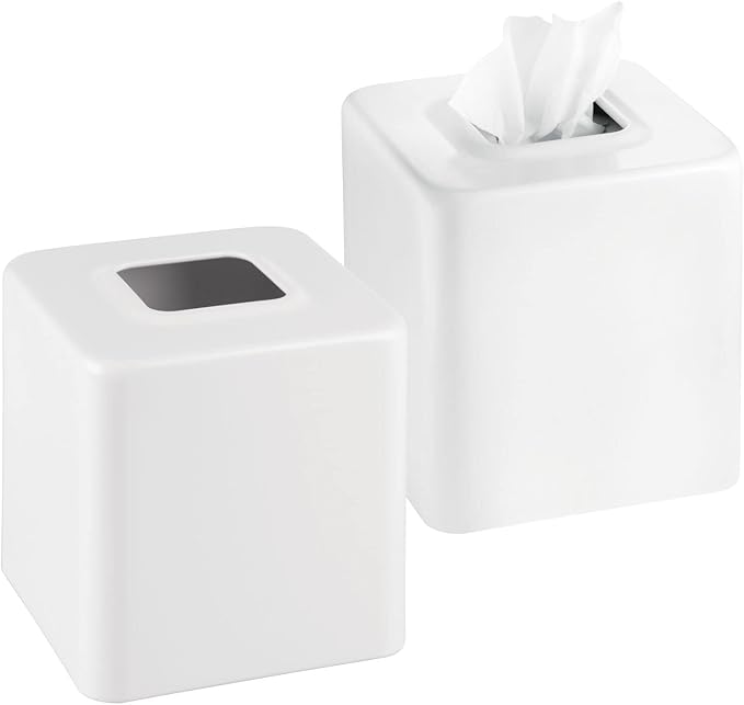 mDesign Metal Square Tissue Box Cover, Modern Facial Paper Holder - Accessories for Bathroom Vanity Countertop, Bedroom Dresser, Night Stand, Desk, Office, End Table - Unity Collection, 2 Pack - White