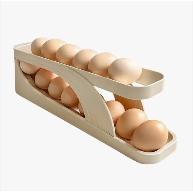 Egg Dispenser for Refrigerator or Kitchen Countertop, Automatic Roll Down Egg Storage for Fridge, Space Saving Gravity Fed Egg Holder and Organizer Tray (Beige/Off White)
