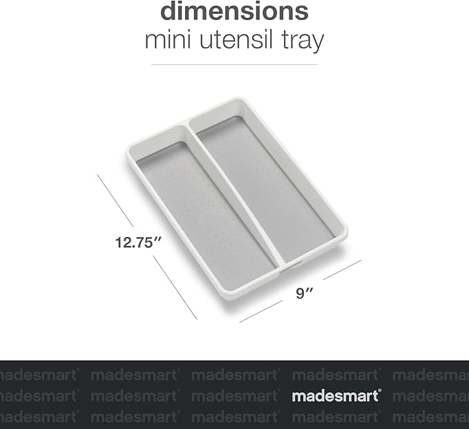 madesmart Classic Mini Utensil Tray, Soft Grip, Non-Slip Kitchen Drawer Organizer, 2 Compartments, Multi-Purpose Home Organization, BPA Free, White