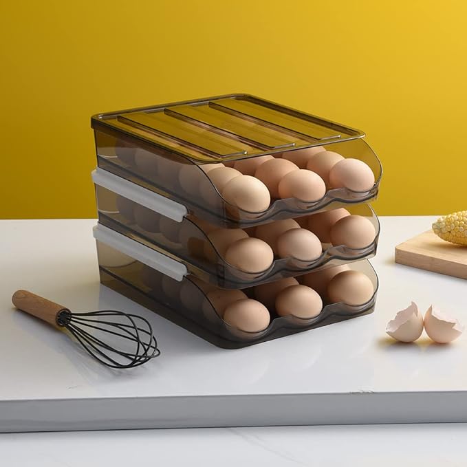 OnDisplay Stackable Acrylic Gravity Egg Tray Holder for Fridge - Food-Safe PET Refrigerator Storage Bin for Eggs (Brown, Set of 2 Trays)