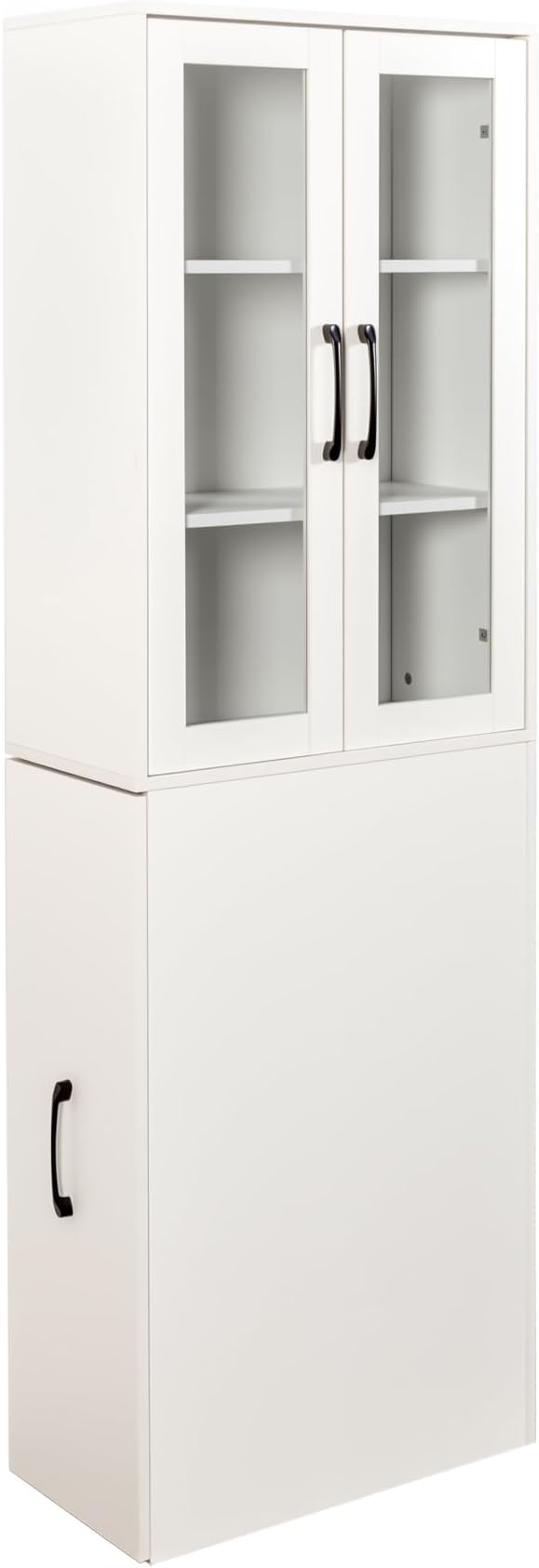 White Tall Storage Cabinet with Glass Doors and Pull-Out Rolling Cart, 71” Narrow Pantry Cabinet with Adjustable Shelves, Modern Display Bookcase for Kitchen, Bathroom, Office, Living Room