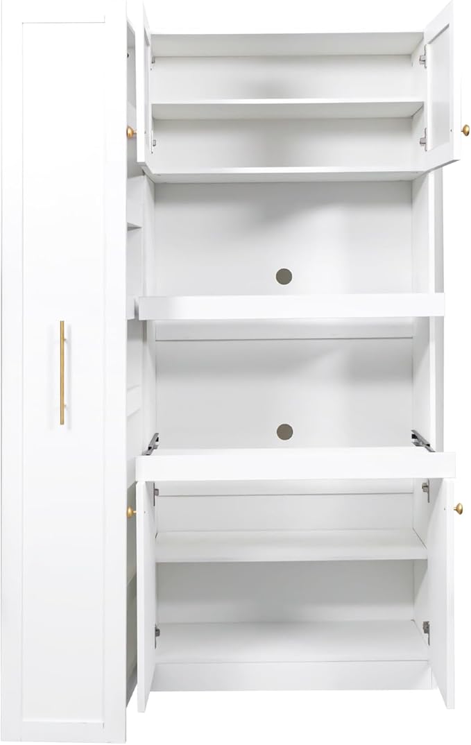 70.87" Tall Kitchen Pantry Cabinet with 7-Tier Pull-Out Shelf, Glass Doors, Countertop & 4 Doors, Freestanding Wood Hutch Cupboard for Dining Room, Coffee Bar, or Kitchen Storage, White