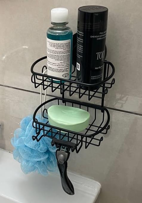 Soap Dish for Shower Suction Cup Powerful Vacuum System Rustproof 304 Stainless Steel Basket Sponges Holder with Razor Hooks for Bathroom or Kitchen Soap Holder, 2 Tier (Black)