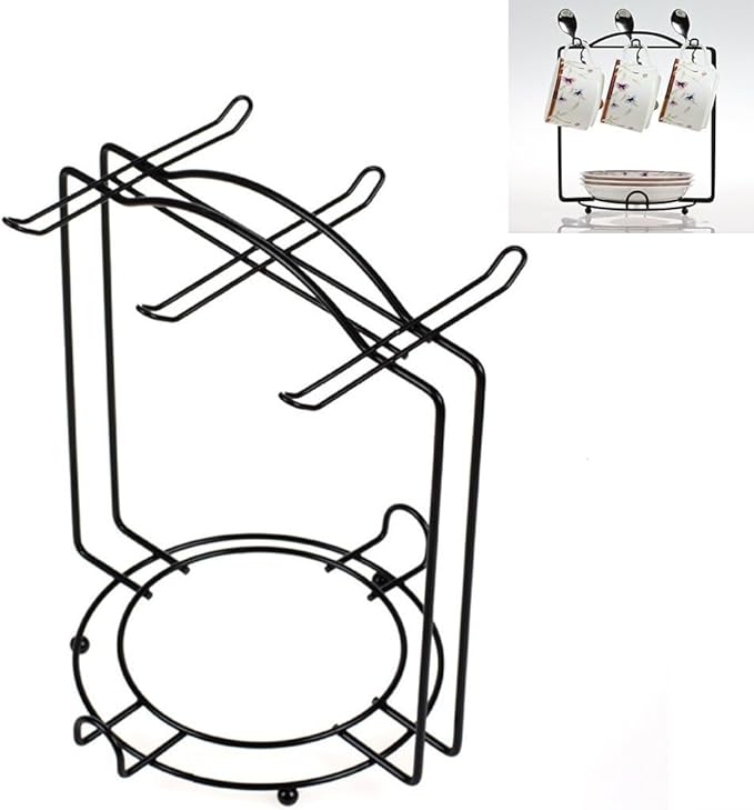Stainless Steel Coffee Cup and Plate Storage Rack Holder for Kitchen, Dining Table, and Cabinet with 6 Mug and 5 Plate Capacity, Black