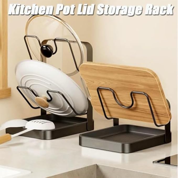 Kitchen Pot Lid Storage Rack, Pot Lid Organizer Rack—The Ultimate Christmas Kitchen Organizer, Multifunctional Utensils Pan Pot Cover Lid Rack Shelf for Pots Lids, Spatulas (Beige-Double Layer)