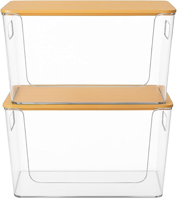 CiWiVOKi 4 Pack Clear Stackable Potato & Onion Storage Bins - Trash Bag Holder Dispenser Under Sink Organizer for Pantry, Kitchen Countertop - Trash Bag Dispenser with Bamboo Lid for 4-13 Gal Bags