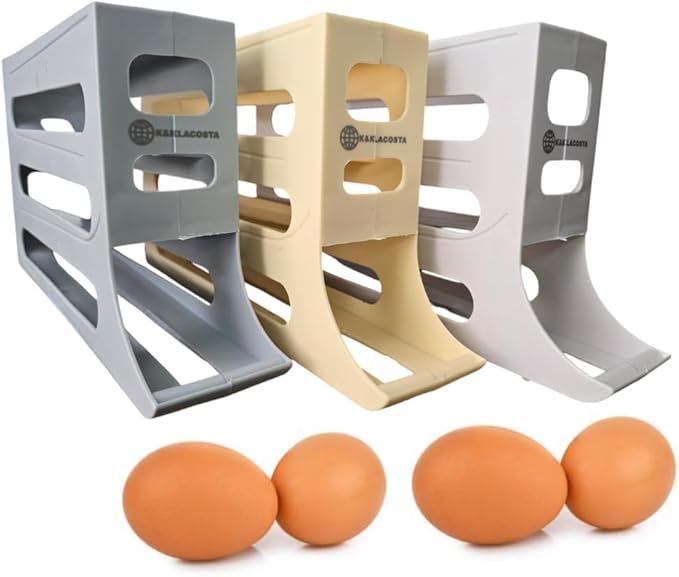 K&KLACOSTA 4 Tier Egg Tray, Automatic Egg Rolling Dispenser Rack for Storing Organizing Distributing and Rolling Eggs in Refrigerator Stackable, in Kitchens, Cabinets, Dining Tables Yellow