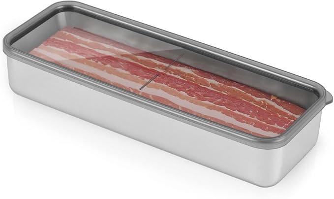 Verveia Bacon Container for Refrigerator,1Pack Bacon Holder for Fridge,Deli Meat Box for Fridge,304SS Airtight Food Storage Container,Stackable Refrigerator Organizer with Locking Lid (BPA Free)