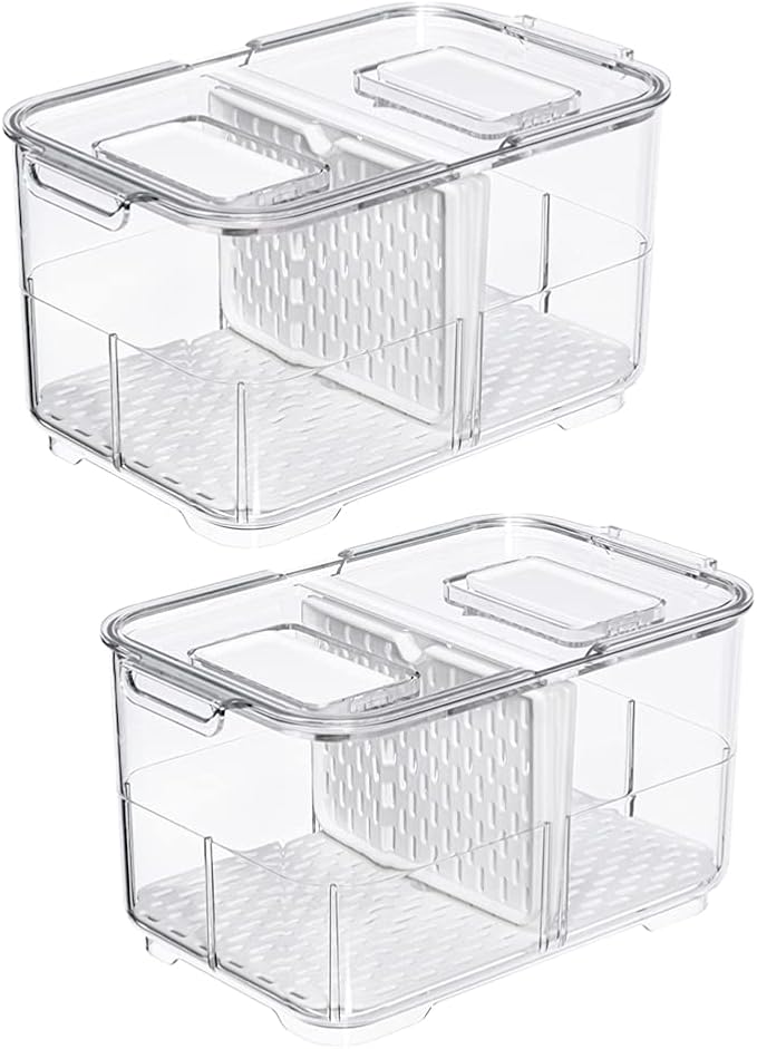 blitzlabs Lettuce Keeper Fridge Food Storage Container, Fresh Produce Saver Organizer Keeper Bins with Lids and Removable Drain Tray for Refrigerator Freezer Cabinet Kitchen 2800ML, 2 Pack