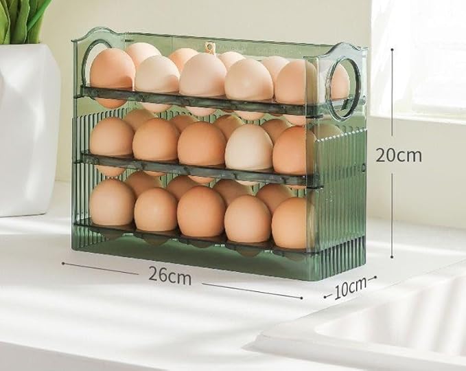 DABATO Egg Refrigerator Storage Box, Green, 3-Layer, Auto-Flip, Vertical Design, 11 x 7 x 5.5 in