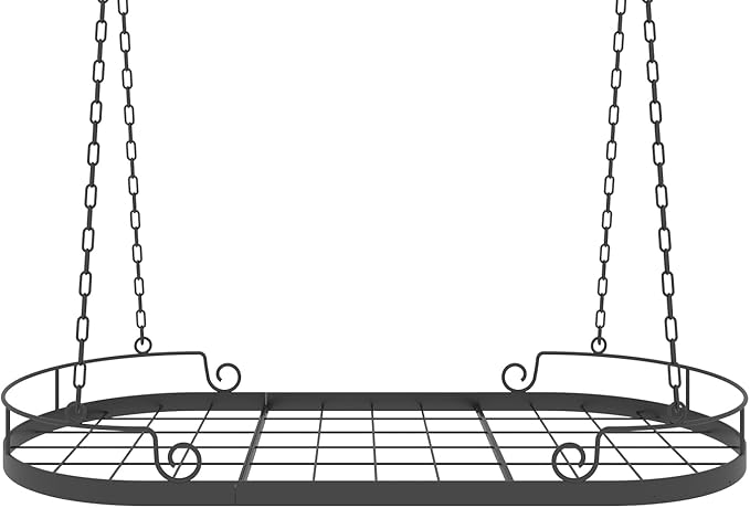 33' Oval Pan Rack Hanging, Heavy Duty Ceiling Pot Rack with Hooks, Metal Pot Hanger with Grid, Pan and Pot Hangers for Kitchen Cookware Utensils Toiletries, Easy Assembly, Black