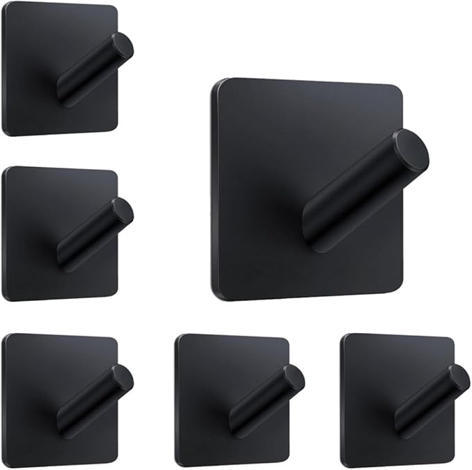 EDMILE Adhesive Towel Hooks 6 Pack, Bath Towel Hooks, Adhesive Wall Hooks for Bathroom Coat Robe Kitchen, Stainless Steel self-Adhesive Hooks, Black