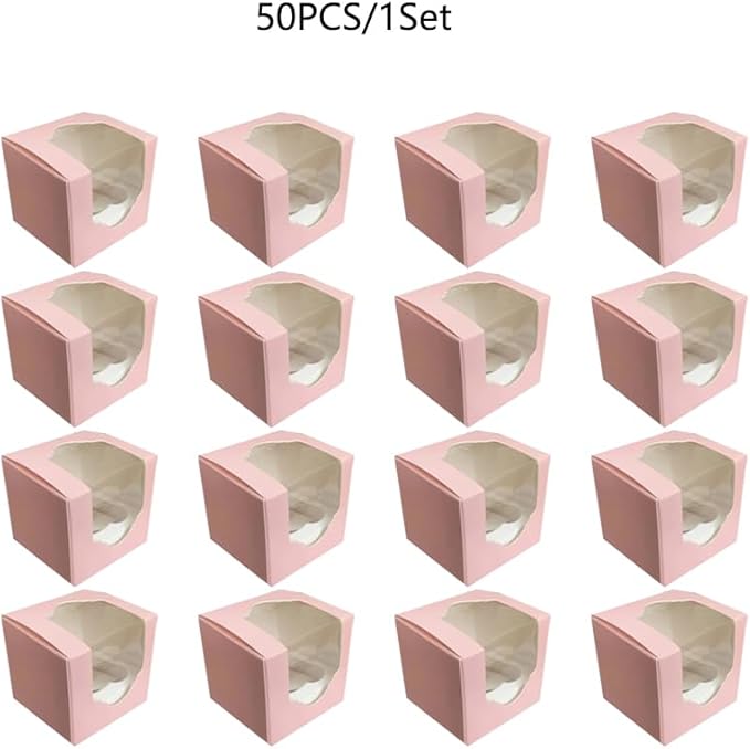 Generic 50PCS 2.5 × 2.5 × 2.5 inch mini Cake Boxes with Window Bakery Boxes Pastry Boxes for Cake, Pastries Chocolates Cupcakes (Pink), 2.5CDGH