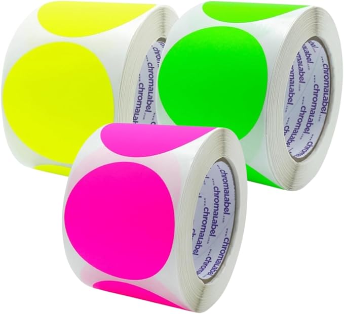 ChromaLabel 3 Inch Removable Round Sticker Labels, Easy to Write On Labels, 500 Sticky Dots per Roll, Matte Finish Fluorescent Green, Fluorescent Yellow, and Fluorescent Pink Dot Stickers