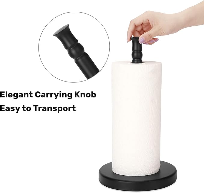 Black Paper Towel Holder Stand Countertop with Heavy Weighted Stainless Steel Base, Free Standing Paper Towel Holder (Black Matte)