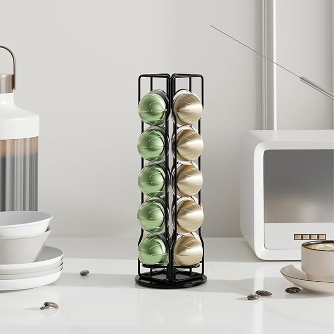 20 Vertuo Pods Coffee Pod Holder Compatible For Nespresso Vertuoline Stand Rack Holds Vertuo line Organizer Carousel 360-Degree Rotatable (Black)