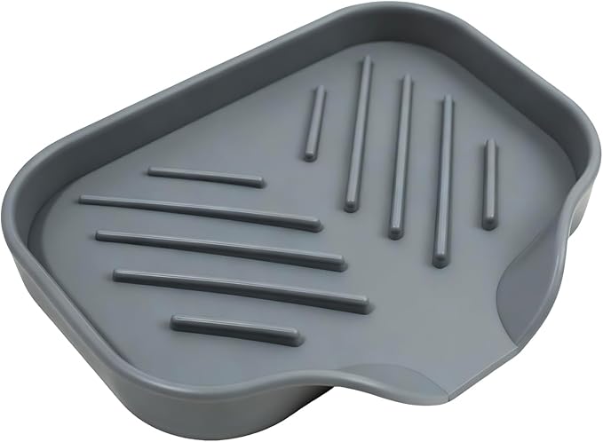 Sponge Holder with Drain Spout, 4.7" x 3.6" Bathroom and Kitchen Sink Organizer, Dish Soap Tray for Sponges, Scrubbers, Dispensers, Dish Brushes, Spoons & Other Sink Items, Dishwasher Safe (Grey)