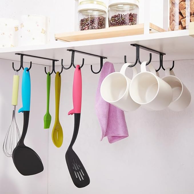 Mug Rack Under Cabinet - Coffee Cup Holder, 8 Mugs Hooks Under Shelf, Display Hanging Cups Drying Hook for Bar Kitchen Utensils Black