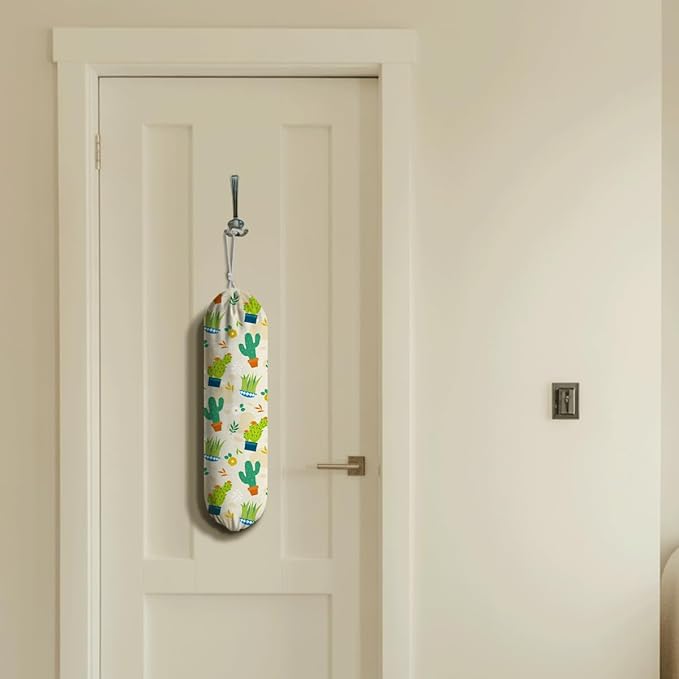 Plants Plastic Bag Holder, Cactus Fabric Garbage Trash Bag Dispenser for Home Kitchen Pantry Cabinet, Reusable Washable Shopping Bags Storage Carrier, Wall Mount, Kitchen Housewarming Gifts