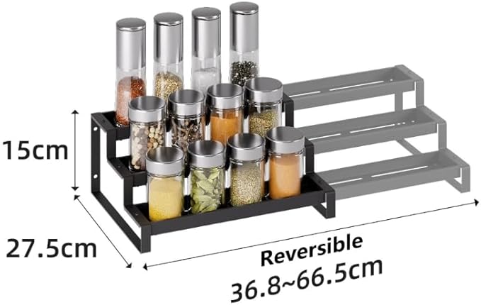 3-Tier Spice Rack Organizer, 16"-29" Expandable Adjustable Shelf, Slip-Resistant Metal Storage for Kitchen Cabinet Countertop Pantry, Seasoning Jar Bottle Display Stand, Black