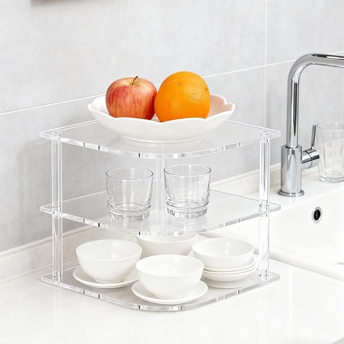 Plate Organizer for Cabinet Space Saver, Clear Acrylic 3-Tier Corner Shelf for Kitchen Storage, Holds Dishes and Bowls, Compact Bathroom Shelf for Organized Spaces