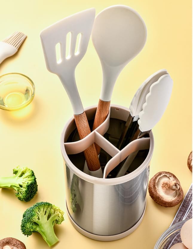 Kitchen Utensil Holder for Countertop, 360°Rotating Cooking Utensil Crocks,4 Compartment Stainless Steel Utensil Holder,6.7”Large Utensil Crock Spoon Fork Knife Holder For Kitchen Counter (khaki)