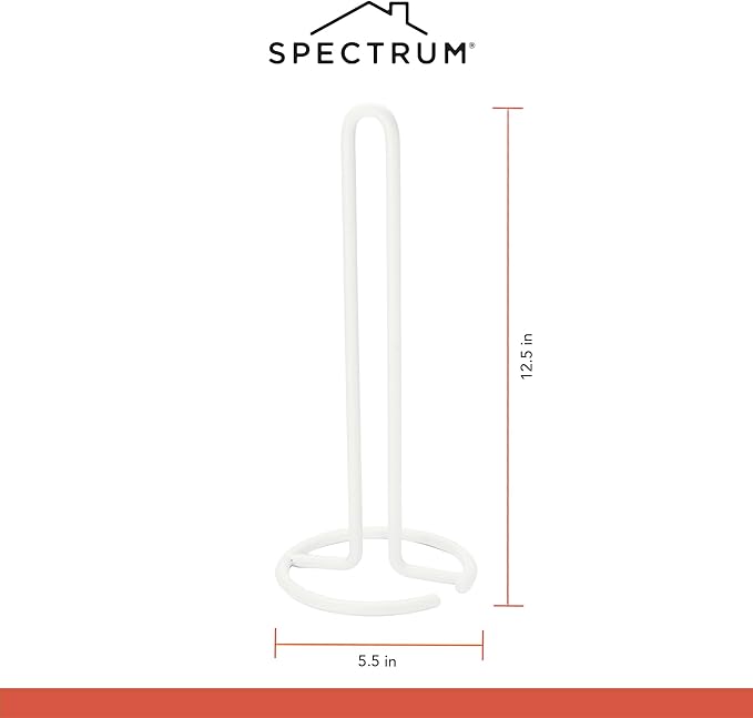 Spectrum Euro Modern Paper Towel Holder Countertop Kitchen Organizer Vertical Standing Roll Dispenser, Weighted Paper Towel Base Durable Steel Construction Fits Standard Jumbo Rolls, Matte White