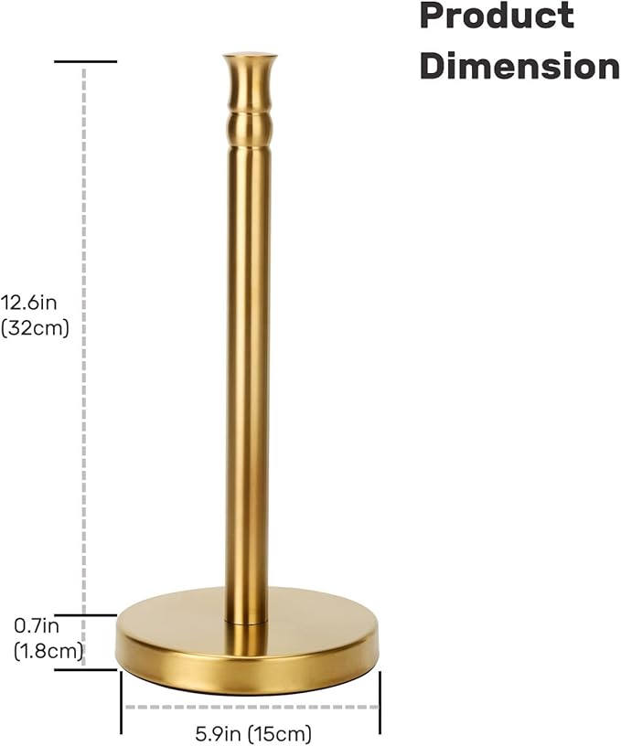 Gold Paper Towel Holder Stand Countertop with Heavy Weighted Stainless Steel Base, Free Standing Paper Towel Holder (Gold Brushed)