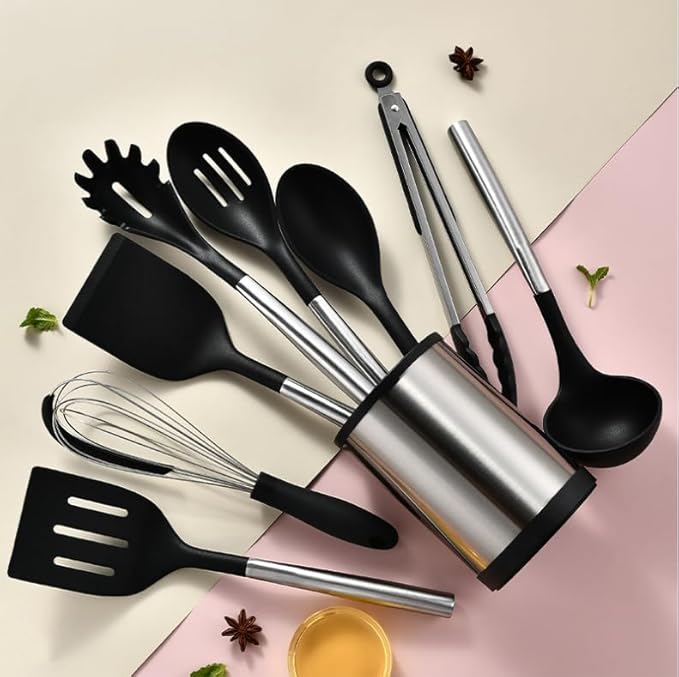 Kitchen Utensil Holder for Countertop, 360°Rotating Cooking Utensil Crocks,4 Compartment Stainless Steel Utensil Holder,6.7”Large Utensil Crock Spoon Fork Knife Holder For Kitchen Counter