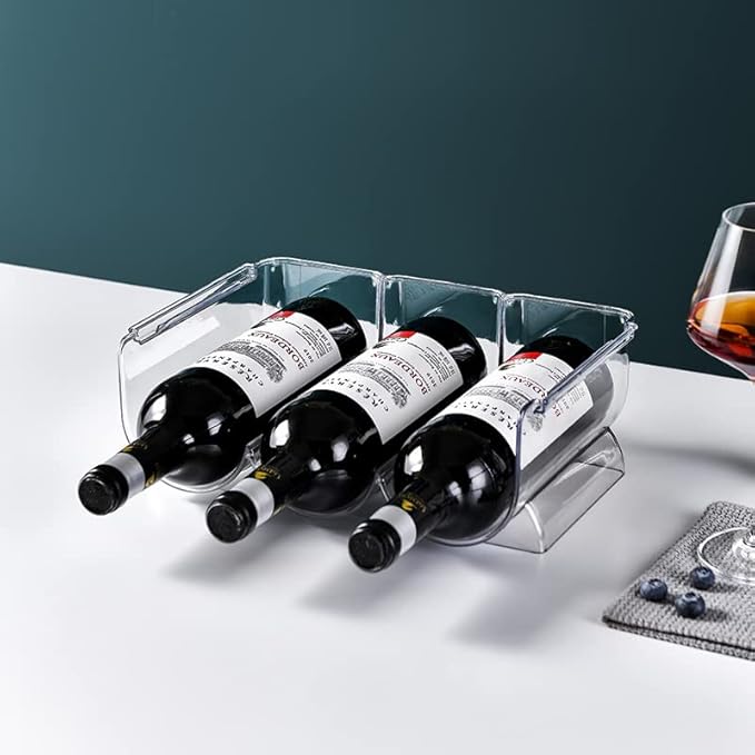 OKITCHEN Set of 2 Stackable Tabletop Wine Rack, Free-Standing Counter Top Water Bottle Storage Organizer, Plastic Wine Rack for Kitchen Countertop, Cabinet and Fridge Organization, 3-Bottle 2 Packs