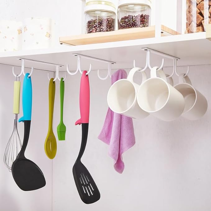 Mug Rack Under Cabinet - Coffee Cup Holder, 8 Mugs Hooks Under Shelf, Display Hanging Cups Drying Hook for Bar Kitchen Utensils White