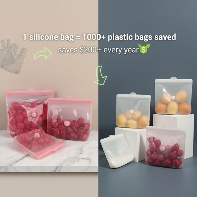 Reusable Silicone Food Storage Bags ā Premium Eco-Friendly Multi-Size Set (650ml/1300ml/2000ml), Leakproof, BPA-Free, Freezer & Microwave Safe, Dishwasher Friendly (White(Clear))