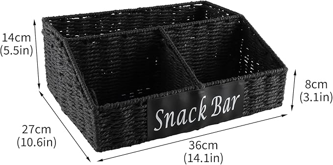 Snack Organizer for Countertop, Trapezoid 3 Compartment Snack Basket Snack Box Container , Snack Bar Organizer, Paper Rope Basket for Kitchen Pantry Organizers and Storage, Black