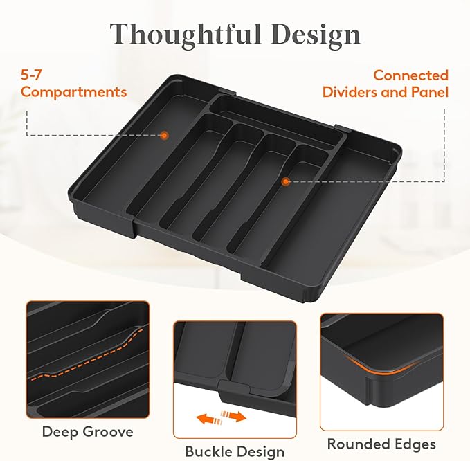 Lifewit Expandable Utensil Tray for Kitchen Drawer, Adjustable Silverware Organizer, BPA Free Plastic Cutlery Holder for Spoons Forks Knives, Black, Fits 8 to 14 Inch