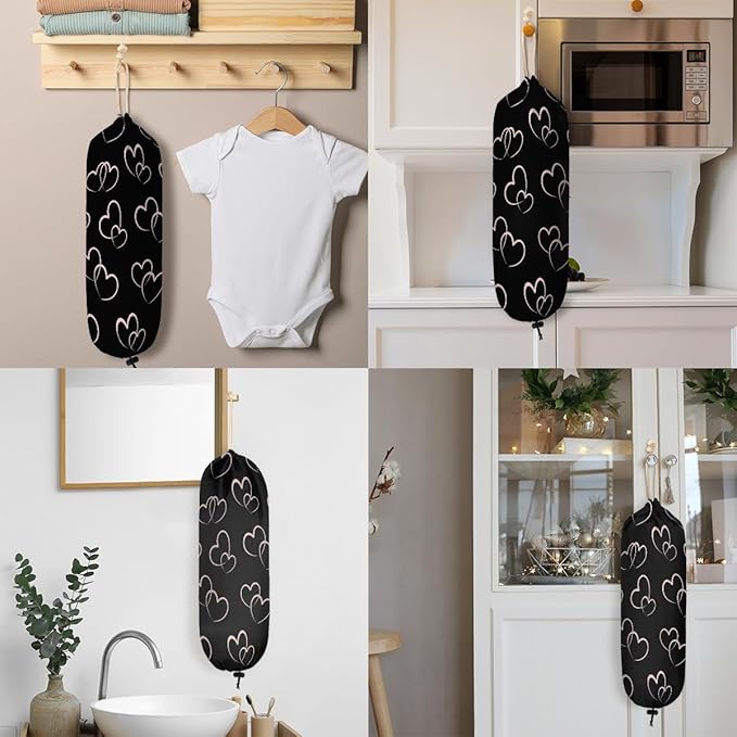 Plastic Bag Holder Black Heart Wall Mount Grocery Bag Holder Wasgable Plastic Bag Dispenser Garbage Bag Organizer for Home Kitchen Decor, Gifts for Women Mom Family Friends