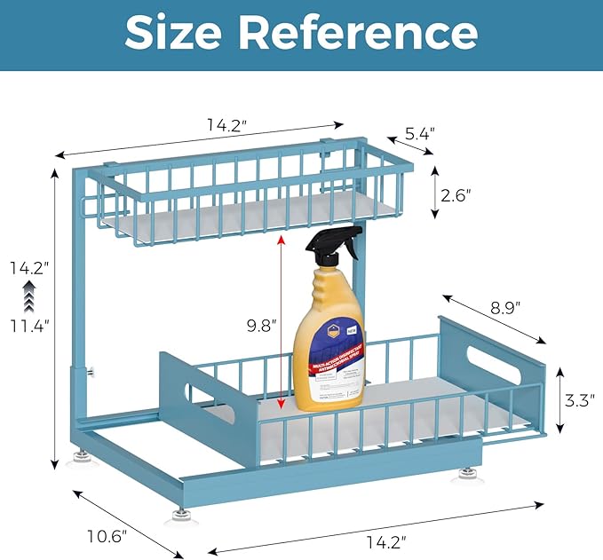 Under Sink Organizer 2 Pack, L shaped 2 Tier Pull Out Under Sink Organizer with Adjustable Height, Premium Metal Sliding Basket Shelf for Kitchen Bathroom Cabinet Storage Teal