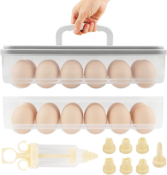 2-Layer Deviled Egg Containers With Lid,48PCS Deviled Eggs Tray Carrier with Hand Injector Piping Tool, Platter Holder Organizer for Refrigerator Party Picnic Travel Event