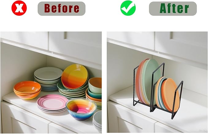 CEYAZYE 4 Pack Plate Holder Organizer for Cabinet Space Saver, Metal Dinner Dish Storage Rack, 2 Sizes Kitchen Storage Display for Plates, Pots, Pans, Cutting Boards, Black