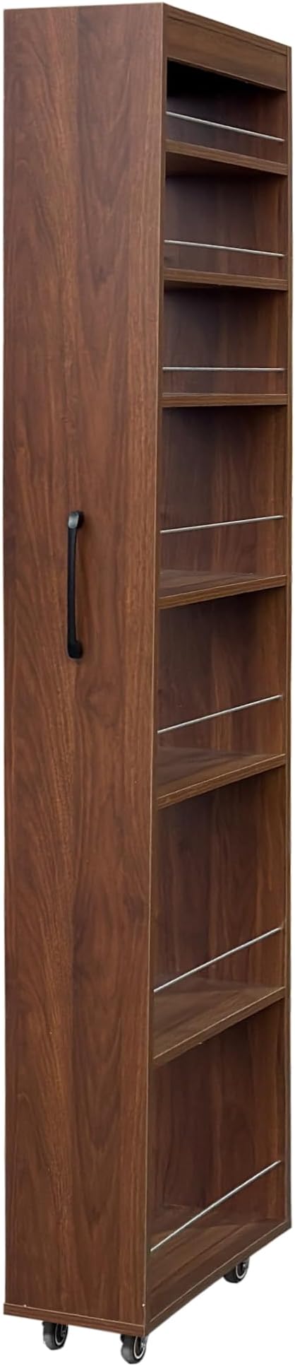 7-Tier Slim Pull-Out Storage Cart with Wheels – Multi-Functional Mobile Organizer, 7 Open Shelves + Top, Adjustable Height, Protection Bars, Perfect for Kitchen, Living Room & Narrow Spaces (Walnut)
