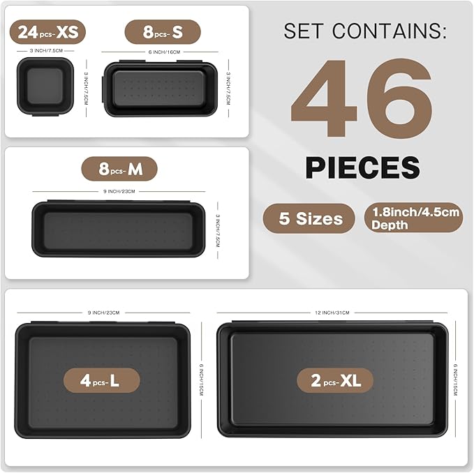A-LuGei【𝟰𝟲𝗣𝗖𝗦 & 5 Size Tool Box Organizer Tray Divider Set, 【Black】 Bathroom Drawer Organizer Bin, Garage Organization and Storage Toolbox Rolling Tool Chest Cart Cabinet WorkBench Small Part