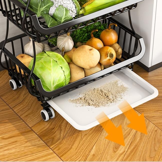 Metal Wire Baskets with Wheels, Stackable Storage Organizer for Kitchen, Bathroom, Office, Fruit & Vegetable Cart, Tableware Rack with Wooden Top