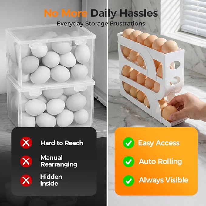 Egg Holder for Fridge, 2026 Rolling Egg Container for Refrigerator, Egg Dispenser for Refrigerator, Countertop, Kitchen, Space-Saving Kitchen Tool, Holds 30 Egg (Transparent)