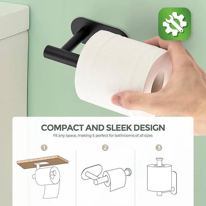 3 Pack Adhesive Toilet Roll Holder Stand - Matte Black SUS304 Stainless Steel, Rustproof Toilet Paper Holder No Drilling Tissue Holder for Kitchen Bathroom Wall Mount Bathroom Tissue Holder