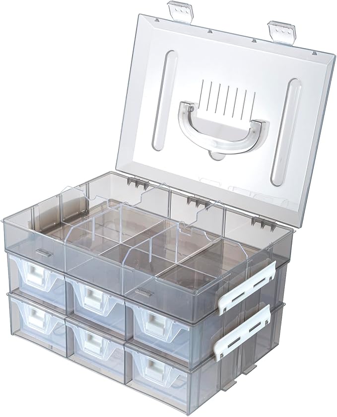 MyGift 11 Inch Smoke Gray Transparent Arts and Crafts Sewing Supplies Storage Organizer Case with White Accents, 24 Customizable Compartments, and 6 Drawers with Removable Dividers