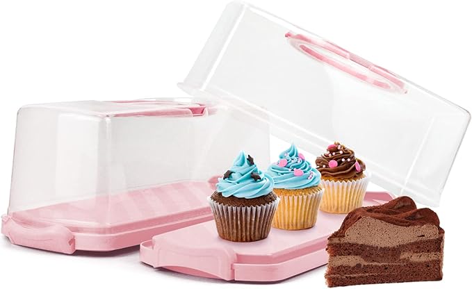 2-Pack Plastic Rectangular Bread Box with Clear Lid, Loaf Cake Keeper, Portable Bread Keeper Storage Container with Handle (Pink)