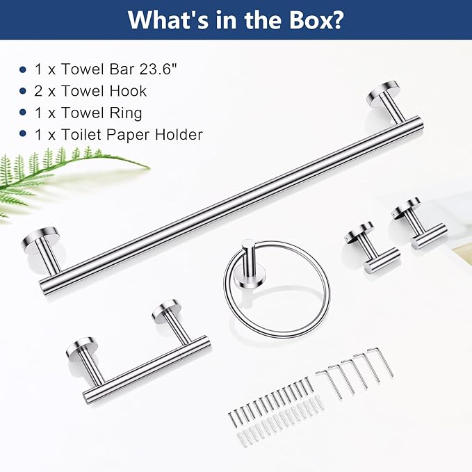 TQKAG Polished Chrome 5 Piece Bathroom Hardware Accessories Set 23.6" SUS304 Stainless Steel Bathroom Towel Bar Holder Sets Double Post Pivoting Toilet Paper Holder Set Wall Mounted