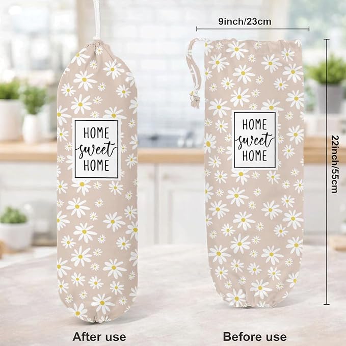 Plastic Bag Holder, Home Sweet Home Plastic Bag Holder for Kitchen Essentials, Daisy Bags Holders for Plastics Bags Groceries Store, Floral Reusable Plastics Sack Storage Dispenser forKitchen Decor