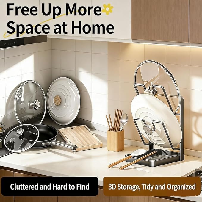 Kitchen Pot Lid Storage Rack, Lid Holder While Cooking, Countertop Organizer Rack for Counter with Removable Drip Tray, Stainless Stand with Tray Spoon Rest for Stove Top(Beige-Double layer)